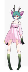 1girl antlers barefoot black_choker blue_hair c_(control) choker closed_mouth collarbone colored_extremities cowfee detached_sleeves dress full_body hair_between_eyes highres horns looking_at_viewer pink_dress pointy_ears q_(control) red_eyes short_hair solo