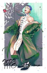 Rule 34 | 1boy, backwards hat, baggy pants, bare shoulders, baseball cap, black pants, black shoes, border, braid, brown eyes, brown fur, brown hair, chinese clothes, coat, commentary, confetti, dated, drawstring, floating hair, full body, fur-trimmed hood, fur trim, hand in pocket, hat, head tilt, heart, highres, hood, hood down, long braid, long coat, long sleeves, male focus, mandarin collar, mrg2by, multicolored clothes, muscular, muscular male, open mouth, pants, shoelaces, shoes, signature, single braid, sleeves past fingers, sleeves past wrists, sneakers, socks, solo, stray hair, street fighter, street fighter iii (series), striped clothes, striped footwear, tassel, teeth, tongue, tongue out, two-sided coat, two-sided fabric, upper teeth only, white border, white coat, white socks, yellow trim, yun lee