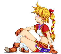 1girl bandages bead_necklace beads blonde_hair blue_eyes brown_gloves brown_shoes chrono_cross closed_mouth facial_mark gloves hair_ribbon hamriku highres jewelry kid_(chrono_cross) looking_up midriff navel necklace red_ribbon red_shorts ribbon shirt shoes shorts simple_background sitting solo stomach white_background white_shirt