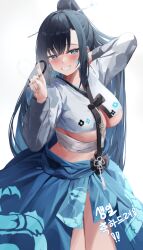 1girl absurdres artist_request bandaged_torso black_hair blue_skirt blush breasts commentary_request dragon_print floral_print grin hanbok heart highres korean_commentary large_breasts long_hair original ponytail ponytailed_girl_(songbarang) print_skirt second-party_source sidelocks simple_background skirt smile solo standing teeth thighs white_background white_hanbok