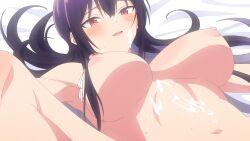 1girl anime_screenshot armpits bed_sheet blush breasts colored_inner_hair cum cum_on_body cum_on_breasts cum_on_upper_body facial female_focus hair_ribbon haite_kudasai_takamine-san highres large_breasts long_hair looking_at_viewer lying multicolored_hair navel nipples nude on_back open_mouth purple_hair red_eyes ribbon smile solo spread_legs takamine_takane teeth upper_teeth_only white_ribbon