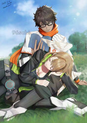 1boy 1girl adversarial_noise arm_support black-framed_eyewear black_bodysuit black_hair black_jacket blue_sky bodysuit breast_tattoo breasts brown_eyes brown_hair cleavage closed_eyes closed_mouth commentary_request dark-skinned_male dark_skin day eunie_(xenoblade) glasses hetero highres jacket lap_pillow layered_sleeves long_sleeves on_grass orange_scarf outdoors scarf short_over_long_sleeves short_sleeves sitting sky sleeping taion_(xenoblade) tattoo white_jacket xenoblade_chronicles_(series) xenoblade_chronicles_3 yamamori_kinako
