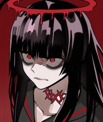 1girl black_hair black_serafuku blood blood_halo blue_archive choker closed_mouth commentary_request glaring halo highres liquid_halo pale_skin red_background red_choker red_eyes school_uniform serafuku simple_background solo tsurugi_(blue_archive) vulcan_(ejel2000)