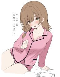 1girl :d alternate_costume arm_support blush breasts brown_hair cleavage collarbone cowboy_shot eyelashes eyes_visible_through_hair flat_color frilled_pajamas frills green_eyes hair_between_eyes hair_intakes hand_up head_tilt highres large_breasts long_hair long_sleeves looking_at_viewer low-tied_long_hair mikuni_sairi nintendo_switch open_mouth pajamas pink_pajamas seductive_smile simple_background sitting smile solo tenshi_souzou_re-boot! tft_(tft7822) thigh_gap translated tsurime white_background yokozuwari
