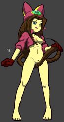 Rule 34 | 1girl, artist name, bad link, barefoot, between legs, black choker, blue eyes, blush, bottomless, breasts, brown hair, cat girl, cat tail, choker, cleavage, clenched hand, clitoral hood, closed mouth, collarbone, cropped jacket, feet, female focus, female pubic hair, frills, full body, gem, gloves, green gemstone, grey background, hair intakes, hand up, happy, hat, heart, highres, holding own tail, jacket, jaggy lines, legs, licking lips, light blush, long hair, medium breasts, midriff, mole, mole under mouth, navel, nipples, no shirt, oekaki, open clothes, open jacket, pink hat, pink jacket, pubic hair, pussy, pussy juice, red gloves, rockthebull, sara (sonic), sidelocks, signature, simple background, smile, solo, sonic (series), sonic the hedgehog (ova), sparse pubic hair, standing, stomach, tail, tail between legs, thighs, tongue, tongue out, uncensored, very long hair