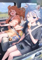 2girls :d animal_ear_fluff animal_ears artist_name bag black_shirt blue_hair blush breasts car_interior car_seat cat_ears cat_girl cat_tail cellphone cleavage collarbone commentary_request crew_neck cup day dog_ears dog_girl dog_tail dot_nose drinking_straw driving fang fangs feet_out_of_frame floating_hair food food_wrapper grass guard_rail hand_up handbag highres hill holding holding_food holding_ice_cream holding_ice_cream_cone holding_steering_wheel hood hooded_jacket ice_cream ice_cream_cone jacket licking long_hair looking_at_viewer m_ydayo medium_breasts multiple_girls on_chair one_eye_closed open_clothes open_jacket open_mouth orange_eyes orange_hair orange_jacket orange_shorts original outstretched_arms phone seatbelt shirt short_hair short_sleeves shorts shoulder_bag sitting sleeves_rolled_up small_breasts smile steering_wheel tail tongue tree wind window