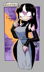 1girl absurdres apron black_dress black_gloves black_hair breasts cooking counter detached_sleeves dress elbow_gloves eyebrows gloves highres kitchen large_breasts light long_dress long_hair multicolored_hair noss_(rariatto) original pot rariatto_(ganguri) shelf smile speech_bubble streaked_hair sunlight vampire white_apron white_hair