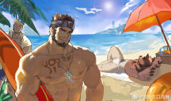 Rule 34 | 3boys, abs, absurdres, alca (wakatanka4), animal ears, bara, beach, beard, beenic, bulge, chest hair, dog boy, extra ears, facial hair, goggles, goggles on head, gyee, highres, holding, holding surfboard, large pectorals, lion boy, lion ears, looking at viewer, lying, male focus, mature male, multiple boys, muscular, muscular male, mustache stubble, navel hair, nipples, on back, original, pectorals, peeking out, romg, run (arun six), sand, seductive smile, short hair, smile, stomach, strongman waist, stubble, sunlight, surfboard, thick eyebrows, topless male, umbrella