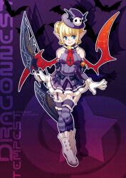 Rule 34 | 1girl, bat (animal), black bow, black skirt, black thighhighs, blonde hair, blue eyes, boots, bow, bow (weapon), breasts, character name, closed mouth, commentary, copyright name, crodire, detached sleeves, double bun, dragon nest, full body, garter straps, gloves, grey shirt, grey sleeves, hair bun, hat, holding, holding bow (weapon), holding weapon, medium breasts, miniskirt, necktie, pleated skirt, pointy ears, purple background, purple hat, red necktie, shirt, short hair, skirt, sleeveless, sleeveless shirt, smile, solo, striped clothes, striped thighhighs, tempest (dragon nest), thighhighs, top hat, weapon, white boots, white gloves