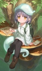 1girl :&lt; absurdres aqua_hat backpack bag black_thighhighs book brown_shoes cloneko_(zelmeledf2) closed_mouth collarbone commission dot_nose food_print forest frown green_bag grey_hair hat highres holding_compass jacket long_sleeves looking_at_viewer mushroom mushroom_print nature open_book orange_eyes original personification second-party_source shoes short_hair sitting skeb_commission solo spyglass tail thighhighs treasure_map tree white_jacket zettai_ryouiki