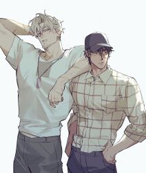 Rule 34 | 2boys, alien stage, arm on another&#039;s shoulder, baseball cap, beard stubble, black hat, blonde hair, brown hair, chengzhineixihuanxiaogou, chinese commentary, commentary request, dewey (alien stage), facial hair, grey pants, hands in pockets, hat, highres, isaac (alien stage), male focus, multiple boys, pants, plaid clothes, plaid shirt, scar, scar on arm, scar on face, shirt, stubble, white shirt