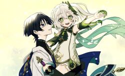 1boy 1girl arm_at_side arm_up armlet black_bodysuit black_bridal_gauntlets black_hair bloomers blue_cape blue_gemstone blue_sleeves blunt_ends bodysuit bridal_gauntlets cape carrying carrying_person confetti cross-shaped_pupils detached_sleeves dress eyeliner eyeshadow gem genshin_impact gold gold_trim green_cape green_eyes green_hair hair_between_eyes hair_ornament hand_on_another&#039;s_ass highres japanese_clothes jewelry kimono layered_sleeves leaf leaf_hair_ornament long_hair looking_up makeup multicolored_hair nahida_(genshin_impact) no6_gnsn open_hand open_mouth pointy_ears purple_eyes red_eyeliner red_eyeshadow scaramouche_(genshin_impact) short_sleeves side_ponytail sidelocks smile streaked_hair symbol-shaped_pupils tareme teeth tsurime turtleneck turtleneck_bodysuit underwear upper_teeth_only vision_(genshin_impact) wanderer_(genshin_impact) white_bloomers white_dress white_hair white_kimono white_mouth white_sleeves wispy_bangs yellow_eyes