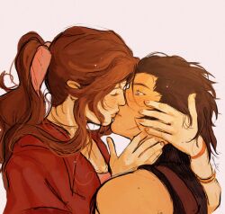 1boy 1girl aerith_gainsborough bangle bare_shoulders black_hair blue_eyes blush bracelet brown_hair closed_eyes commentary couple crisis_core_final_fantasy_vii cross_scar english_commentary facial_scar facing_another final_fantasy final_fantasy_vii final_fantasy_vii_rebirth final_fantasy_vii_remake freckles from_side hair_ribbon hair_slicked_back hand_on_another&#039;s_cheek hand_on_another&#039;s_face hand_on_another&#039;s_head hetero high_ponytail highres jacket jewelry kiss long_hair looking_at_another parted_bangs pink_background pink_nails pink_ribbon ponytail profile red_jacket ribbon scar scar_on_cheek scar_on_face short_hair sidelocks torufinn_(ermine_foster) twitter_username upper_body zack_fair