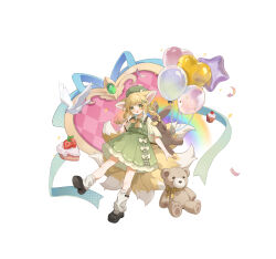 1girl absurdres alternate_costume animal_bag animal_ears arknights backpack bag balloon bird black_shoes blush braid dress fang fox_ears fox_girl fox_tail green_dress green_eyes green_hat hat heart heart_balloon highres kitsune kyuubi long_hair medium_dress multiple_tails open_mouth shio_(shiofeifei) shoes short_dress short_sleeves skin_fang socks solo star_balloon stuffed_animal stuffed_toy suzuran_(arknights) tail teddy_bear twin_braids white_socks