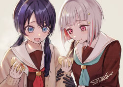 2girls aqua_neckerchief black_choker black_gloves blue_eyes blue_hair blue_ribbon bob_cut brown_cardigan brown_dress cardigan cheese cheese_trail choker colored_inner_hair commentary_request diagonal_bangs dollchestra dress eating food food_on_face gloves grey_background grey_hair hair_ornament hair_ribbon half_gloves hasu_no_sora_school_uniform holding holding_another&#039;s_arm holding_food inverted_bob link!_like!_love_live! long_hair long_sleeves love_live! low_twintails lower_teeth_only making-of_available mole mole_on_neck multicolored_hair multiple_girls murano_sayaka neckerchief o-ring o-ring_choker open_cardigan open_clothes open_mouth pink_eyes red_hair red_neckerchief ribbon sailor_collar sailor_dress school_uniform sharing_food short_hair signature simple_background star_(symbol) star_hair_ornament steam steamed_bun streaked_hair suito teeth twintails upper_body virtual_youtuber watermark white_sailor_collar winter_uniform yugiri_tsuzuri