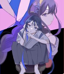 1boy 1girl alternate_costume alternate_hair_length alternate_hairstyle black_hair black_pants black_shrug blue_hair blue_sleeves blunt_ends bright_pupils closed_mouth clothing_cutout colored_inner_hair crying crying_with_eyes_open cutting_hair cutting_own_hair eyelashes eyeliner eyeshadow genshin_impact glowing_pupils hakama hakama_pants hand_in_own_hair hands_up head_tilt highres japanese_clothes kimono layered_sleeves long_hair looking_at_viewer low-braided_long_hair low-tied_long_hair makeup mother_and_son multicolored_hair pants parted_lips pink_lips purple_eyes purple_hair purple_kimono raiden_shogun red_eyeliner red_eyeshadow scaramouche_(genshin_impact) shomo_uwu short_sleeves shoulder_cutout shrug_(clothing) sidelocks sitting stool tears white_mouth white_pupils white_sleeves