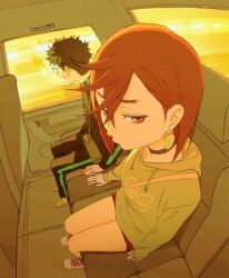 Rule 34 | 1boy, 1girl, averting eyes, ayase momo, bandaged hand, bandages, bandaid, bandaid on cheek, bandaid on face, bare legs, black choker, black hair, black skirt, blush, brown eyes, brown hair, car interior, choker, closed mouth, commentary request, crossed bangs, dandadan, earrings, from above, from side, full body, glasses, green hoodie, hair behind ear, hair between eyes, highres, hood, hood down, hoodie, jacket, jewelry, long sleeves, looking to the side, miniskirt, pants, round eyewear, seikoho, short hair, shy, sitting, skirt, takakura ken (dandadan), thighs, track jacket