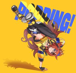 1girl animal_ears arm_belt bandeau black_gloves black_pantyhose blue_eyes brown_hair bubble_gum_fellow_(umamusume) commentary crop_top english_text fingerless_gloves fukuro_(maruaru00) full_body gloves grin hair_between_eyes hair_ornament hairclip handstand highres horse_ears horse_girl jacket long_hair midriff multicolored_hair navel one_arm_handstand open_clothes open_jacket orange_background orange_hair pantyhose pantyhose_under_shorts shadow shirt shoes short_shorts shorts smile solo umamusume white_hair white_shorts yellow_bandeau yellow_jacket yellow_shirt yellow_shoes