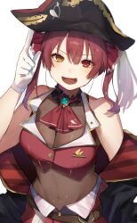 1girl :d adjusting_clothes adjusting_headwear ascot bare_shoulders belt bicorne black_choker black_coat black_hat breasts brooch brown_belt bun_(bun_5u) buttons choker cleavage coat covered_navel cropped_jacket frilled_choker frills gloves gold_trim hair_ribbon hat heterochromia hololive houshou_marine index_finger_raised jacket jewelry large_breasts leather_belt leotard leotard_under_clothes light_blush long_hair looking_at_viewer off_shoulder open_mouth pirate pirate_hat red_ascot red_eyes red_hair red_jacket red_ribbon red_skirt ribbon see-through_clothes see-through_cleavage see-through_leotard simple_background skirt sleeveless sleeveless_jacket smile solo twintails upper_body virtual_youtuber white_background white_gloves yellow_eyes