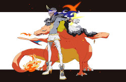 1boy baseball_cap charizard claws fire flame-tipped_tail full_body gen_1_pokemon gloves hat high_heels highres kinkokin_(haikinkinhai) leon_(arc_suit)_(pokemon) leon_(pokemon) male_focus nintendo official_alternate_costume pokemon pokemon_masters_ex purple_hair standing tail wings yellow_gloves