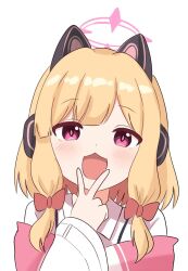 1girl :3 :d animal_ear_headphones animal_ears blonde_hair blue_archive blunt_bangs blush bow cat_ear_headphones cat_ears collared_shirt commentary dot_nose fake_animal_ears hair_bow halo hand_up head_tilt headphones heeya highres jacket korean_commentary long_sleeves looking_at_viewer low-tied_sidelocks medium_hair momoi_(blue_archive) off_shoulder open_mouth parted_bangs pink_eyes pink_halo pink_jacket red_bow school_uniform shirt sidelocks simple_background smile solo straight-on suspenders upper_body v v_over_mouth white_background white_shirt wide_sleeves