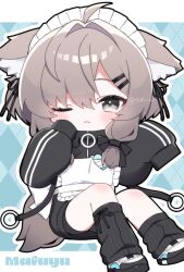 1girl :3 ;3 ahoge akikan_sabako animal_ear_fluff animal_ears apron black_jacket black_ribbon black_shoes black_shorts black_socks blue_background blush borrowed_character brown_hair character_name chibi closed_mouth commentary frilled_apron frills full_body grey_eyes grey_hair hair_between_eyes hair_intakes hair_ornament hairclip highres jacket knees_up leg_warmers long_hair long_sleeves looking_at_viewer loose_socks mafuyu_(vrchat) maid maid_apron maid_headdress one_eye_closed outline puffy_long_sleeves puffy_sleeves ribbed_socks ribbon shoes shorts sitting sleeves_past_fingers sleeves_past_wrists socks solo tail track_jacket twitter_username two-tone_background unconventional_maid vrchat white_apron white_outline white_shoes