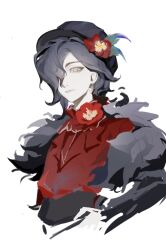 1boy androgynous beret black_hair black_hat edgar_valden feathered_wings flower hat highres identity_v red_flower red_shirt shirt solo solo_focus trap unfinished wings yee46820360 yellow_eyes