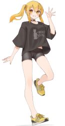 1girl absurdres bike_shorts black_choker black_shirt black_shorts blonde_hair blush choker commentary_request full_body grin hand_up heart heart_o-ring highres kopaka_(karda_nui) long_hair looking_at_viewer midriff_peek no_socks o-ring o-ring_choker original phone print_shirt shirt shoes short_sleeves shorts simple_background smile sneakers solo standing standing_on_one_leg t-shirt thighs twintails v waving white_background yellow_eyes