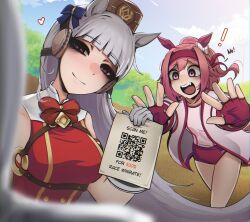 2girls absurdres animal_ears black_eyeshadow blue_bow blunt_bangs bow bowtie brown_hat buruma commentary dress ear_bow ear_covers ear_ribbon english_commentary english_text eyeshadow fingerless_gloves gloves gold_ship_(umamusume) grey_hair half-closed_eyes haru_urara_(umamusume) hat headband highres holding holding_paper horse_ears horse_girl jacket long_hair looking_at_viewer makeup mikuneki multiple_girls outstretched_arms paper pillbox_hat pink_hair purple_eyes qr_code red_bow red_bowtie red_buruma red_dress red_gloves red_headband shirt sleeveless sleeveless_dress smile umamusume white_bow white_jacket white_shirt