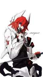 1boy absurdres aotu_world artist_name black_gloves black_shirt blood blood_on_clothes blood_on_face blood_on_hands chinese_commentary cropped_jacket gloves goggles hair_between_eyes hand_on_own_face headgear highres holding holding_polearm holding_weapon jacket long_sleeves looking_at_viewer male_focus multicolored_gloves open_clothes open_jacket pants pius_(aotu_world) polearm red_eyes red_hair shaded_face shirt short_hair simple_background solo weapon white_background white_gloves white_jacket white_pants yuanlu75656