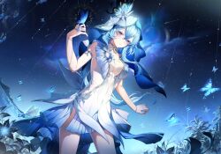 1girl absurdres armlet black_flower blake_bloom_(wuthering_waves) blue_butterfly blue_hair blue_nails blue_veil blush breasts bug butterfly butterfly_on_hand closed_mouth colored_eyelashes commentary_request cowboy_shot dress flower hair_between_eyes hand_up highres insect jewelry large_breasts long_hair looking_at_viewer nail_polish purple_eyes shorekeeper_(wuthering_waves) sleeveless sleeveless_dress solo two-tone_veil uchihasakino veil white_veil wuthering_waves