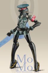 Rule 34 | absurdres, armband, belt, black belt, black hair, blunt bangs, bob cut, breasts, english text, full body, hand on own hip, hat, high heels, highres, holding, holding weapon, humanoid robot, mecha musume, medium breasts, military hat, momo (optune), nakakita kouji, nipples, no humans, optune, original, red armband, robot, robot girl, science fiction, second-party source, standing, weapon, wrist cuffs, yellow eyes
