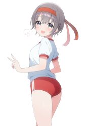 1girl ass blush breasts breath buruma from_behind grey_eyes grey_hair gym_uniform headband idolmaster idolmaster_cinderella_girls looking_at_viewer looking_back open_mouth otokura_yuuki puff_of_air red_buruma shirasato_(phzm8733) shirt short_hair short_sleeves small_breasts smile standing v white_background white_shirt