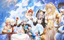 &gt;_&lt; 3boys 4girls ? absurdres aglaea_(honkai:_star_rail) anaxa_(honkai:_star_rail) animal_ears animal_hood black_choker black_leotard blonde_hair blue_eyes breast_tattoo breasts card cat_ears cat_girl cat_hood cat_tail chest_tattoo choker chrysos_heirs_(honkai:_star_rail) cipher_(honkai:_star_rail) cleavage coat commentary cross-shaped_pupils cup dress gold_tattoo green_eyes grey_hair highres holding holding_card holding_cup honkai:_star_rail honkai_(series) hood hooded_leotard hyacine_(honkai:_star_rail) large_breasts laurel_crown leotard little_ica_(honkai:_star_rail) medium_hair mem_(honkai:_star_rail) mole mole_on_breast multiple_boys multiple_girls mydei_(honkai:_star_rail) oversaltedcat phainon_(honkai:_star_rail) pink_hair playing_card red_dress red_hair red_tattoo short_hair short_hair_with_long_locks symbol-shaped_pupils tail tattoo toned toned_male topless_male tribbie_(honkai:_star_rail) white_coat white_dress white_hair
