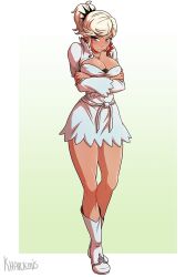 Rule 34 | 1girl, arms under breasts, blonde hair, boots, breasts, cosplay, crossed arms, dress, embarrassed, full body, hair ornament, jewelry, jpeg artifacts, khartemis, large breasts, long sleeves, made in 2023, necklace, ponytail, purple eyes, robyn hill, rwby, short dress, short hair, short ponytail, solo, weiss schnee, weiss schnee (cosplay), white boots, white dress