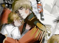 2boys america_(hetalia) axis_powers_hetalia blonde_hair child green_eyes highres hug jacket ketanuii military_jacket multiple_boys non-web_source sleeping thick_eyebrows united_kingdom_(hetalia) upper_body