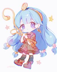 1girl artist_name belt black_belt black_socks blue_hair blush brown_shirt brown_shoes brown_shorts chibi chibi_only closed_mouth collared_shirt earrings facial_mark fossilized_wonders full_body gold_hairband hair_ornament hairband hands_up headpiece highres holding holding_polearm holding_weapon jewelry key_earrings long_hair looking_at_viewer low-tied_long_hair michigami_nareko pocket polearm purple_eyes rhea_(156latte) shirt shoes short_sleeves shorts simple_background socks solo standing star_(symbol) touhou weapon white_background