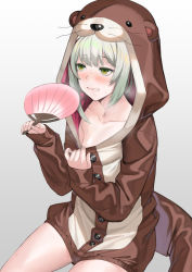 1girl animal_costume animal_hood blush collarbone deras female_focus gradient_background green_eyes green_hair hand_fan highres hood miyu_ottavia miyu_ottavia_(1st_costume) nijisanji nijisanji_id onesie otter_costume short_hair sitting solo sweat virtual_youtuber