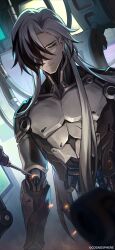 1boy boothill_(honkai:_star_rail) cable closed_eyes company_name cowboy_shot cyborg ear_piercing embers facial_mark facing_viewer hair_over_one_eye highres honkai:_star_rail honkai_(series) long_hair male_focus mechabare metal_skin multicolored_hair official_art one_eye_covered piercing solo two-tone_hair welding white_hair