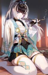 Rule 34 | 1girl, absurdres, aqua eyes, black hair, breasts, chest sarashi, cleavage, commentary request, cosplay, covered navel, fingerless gloves, gloves, grey hair, hakama, hakama skirt, haori, highres, holding, holding smoking pipe, hololive, hololive dev is, japanese clothes, juufuutei raden, kazama iroha, kazama iroha (1st costume), kazama iroha (cosplay), long hair, looking at viewer, multicolored hair, murechika, ponytail, sarashi, shrug (clothing), sitting, skirt, smoking, smoking pipe, solo, streaked hair, thighhighs, two-tone hair, virtual youtuber, white thighhighs, zettai ryouiki