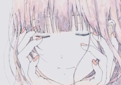 1girl absurdres bbmasa blunt_bangs close-up closed_eyes closed_mouth hands_on_own_face hibike!_euphonium highres liz_to_aoi_tori nail_polish portrait purple_hair solo traditional_media yoroizuka_mizore