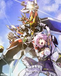 Rule 34 | 1girl, blue sky, boots, breast cutout, breasts, cleavage, crossover, epaulettes, frilled skirt, frills, gao ex kaiser, gloves, great exkaiser, green eyes, gridman universe, gridman universe (movie), highres, large breasts, looking at viewer, mecha, open mouth, purple hair, purple skirt, red eyes, robot, science fiction, shinjou akane (new order), shirt, short hair, skirt, sky, smile, super robot, sword, thighhighs, v-fin, weapon, white boots, white gloves, yuusha exkaiser, yuusha series