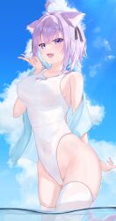 1girl absurdres ahoge alternate_costume animal_ear_fluff animal_ears aqua_hair aqua_shawl arm_behind_head black_hair blue_sky cat_ears cat_girl cat_tail cloud colored_inner_hair commentary_request covered_navel crossed_bangs cumulonimbus_cloud day fangs hair_between_eyes hair_ribbon hand_up highleg highleg_one-piece_swimsuit highres hololive looking_at_viewer multicolored_hair nail_polish nekomata_okayu ocean one-piece_swimsuit outdoors parted_bangs purple_eyes purple_hair purple_nails red_o7 ribbon short_hair sky solo swimsuit tail teeth thighhighs upper_teeth_only v virtual_youtuber wading wet white_one-piece_swimsuit white_thighhighs