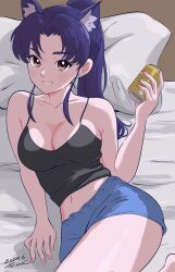1girl animal_ears beer_can breasts brown_eyes camisole can cat_ears cat_girl cleavage drink_can katsuragi_misato large_breasts lying midriff navel neon_genesis_evangelion pillow purple_hair shorts tsunemoku