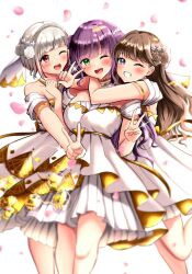 3girls ;d armpit_crease arms_around_neck bare_shoulders blush bob_cut breasts brown_hair collarbone commentary_request dress falling_petals feet_out_of_frame flower flower-shaped_hair fujishima_megumi green_eyes grin hair_flower hair_intakes hair_ornament hug hug_from_behind inverted_bob itsudemo_itsumademo_(love_live!) large_breasts layered_dress leg_up link!_like!_love_live! long_hair looking_at_viewer love_live! medium_dress multicolored_hair multiple_girls off-shoulder_dress off_shoulder official_alternate_costume one_eye_closed open_mouth otomune_kozue outstretched_arm petals pink_petals pleated_dress purple_eyes purple_hair red_eyes red_hair ryopa short_hair smile standing standing_on_one_leg streaked_hair v white_background white_dress white_flower white_hair yugiri_tsuzuri