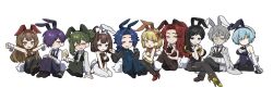 4boys 6+girls angela_(project_moon) animal_ears arms_up ascot binah_(project_moon) black_eyes black_hair black_pantyhose black_shirt blonde_hair blue_eyes blue_hair blue_vest breasts brown_eyes brown_hair brown_shoes chesed_(project_moon) cleavage closed_mouth crossed_arms crossed_legs cup detached_collar dress_shirt dress_shoes flustered formal_clothes gebura_(project_moon) green_eyes green_hair green_vest grey_vest high_heels highres hod_(project_moon) hokma_(project_moon) holding holding_cup jewelry large_breasts leotard library_of_ruina long_hair long_sleeves malkuth_(project_moon) medium_breasts medium_hair monocle mug multiple_boys multiple_girls neck_ribbon necktie netzach_(project_moon) one_eye_closed open_mouth oxfords pantyhose playboy_bunny project_moon purple_hair purple_shoes purple_vest rabbit_ears rabbit_tail red_hair red_shoes ribbon shirt shoes short_hair small_breasts smile suit tail tiphereth_a_(project_moon) vest white_background white_hair white_pantyhose white_shirt wrist_cuffs yagidon yellow_eyes yellow_shoes yesod_(project_moon)