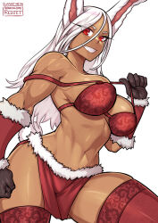 1girl animal_ears bare_shoulders black_gloves boku_no_hero_academia bra breasts clothing_cutout dark-skinned_female dark_skin fur-trimmed_skirt fur-trimmed_sleeves fur_trim gloves grin hair_between_eyes large_breasts long_eyelashes long_hair looking_at_viewer mirko navel off_shoulder parted_bangs patreon_username rabbit_ears rabbit_girl rabbit_tail red_bra red_eyes red_skirt red_sleeves red_thighhighs redjet skindentation skirt smile solo stomach strap_pull tail tail_through_clothes thick_thighs thighhighs thighs toned underwear white_background white_hair