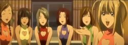 Rule 34 | anime screenshot, black hair, blonde hair, blue dress, breasts, brown hair, cleavage, death note, dress, green dress, happy, multiple girls, pink dress, red dress, sitting, smile, stitched, take your pick, third-party edit, yellow dress