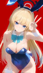 1girl blonde_hair blue_archive blue_eyes blue_halo blue_leotard blue_nails bow bowtie breasts cleavage collarbone covered_navel detached_collar groin halo highres kamkamhan leaning_forward leotard long_hair looking_at_viewer medium_breasts microphone parted_lips playboy_bunny rabbit_tail red_background simple_background solo tail toki_(blue_archive) toki_(bunny)_(blue_archive) v very_long_hair wrist_cuffs