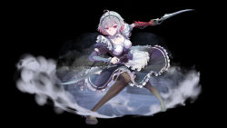 1girl absurdres ahoge ai_limit apron arrisa asymmetrical_gloves black_background black_dress black_pantyhose black_shoes breasts chinese_commentary commentary_request dress dual_wielding frilled_apron frilled_dress frills gauntlets gloves highres holding holding_sword holding_weapon juliet_sleeves leaning_to_the_side long_sleeves maid_headdress medium_breasts medium_hair mismatched_gloves multicolored_hair pantyhose puffy_sleeves red_eyes shoes simple_background single_gauntlet solo sword two-tone_hair weapon white_apron white_hair xue_chu2753
